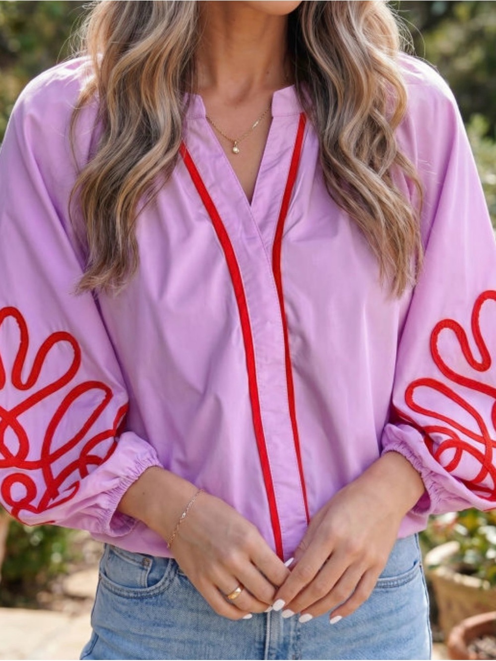 New with Boutique Tags Women's Pink Blouse with Red Trim and Embroidered Sleeves